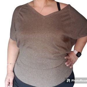 Lane Bryant Brown Gold Metallic Short Sleeve Dolman Sweater